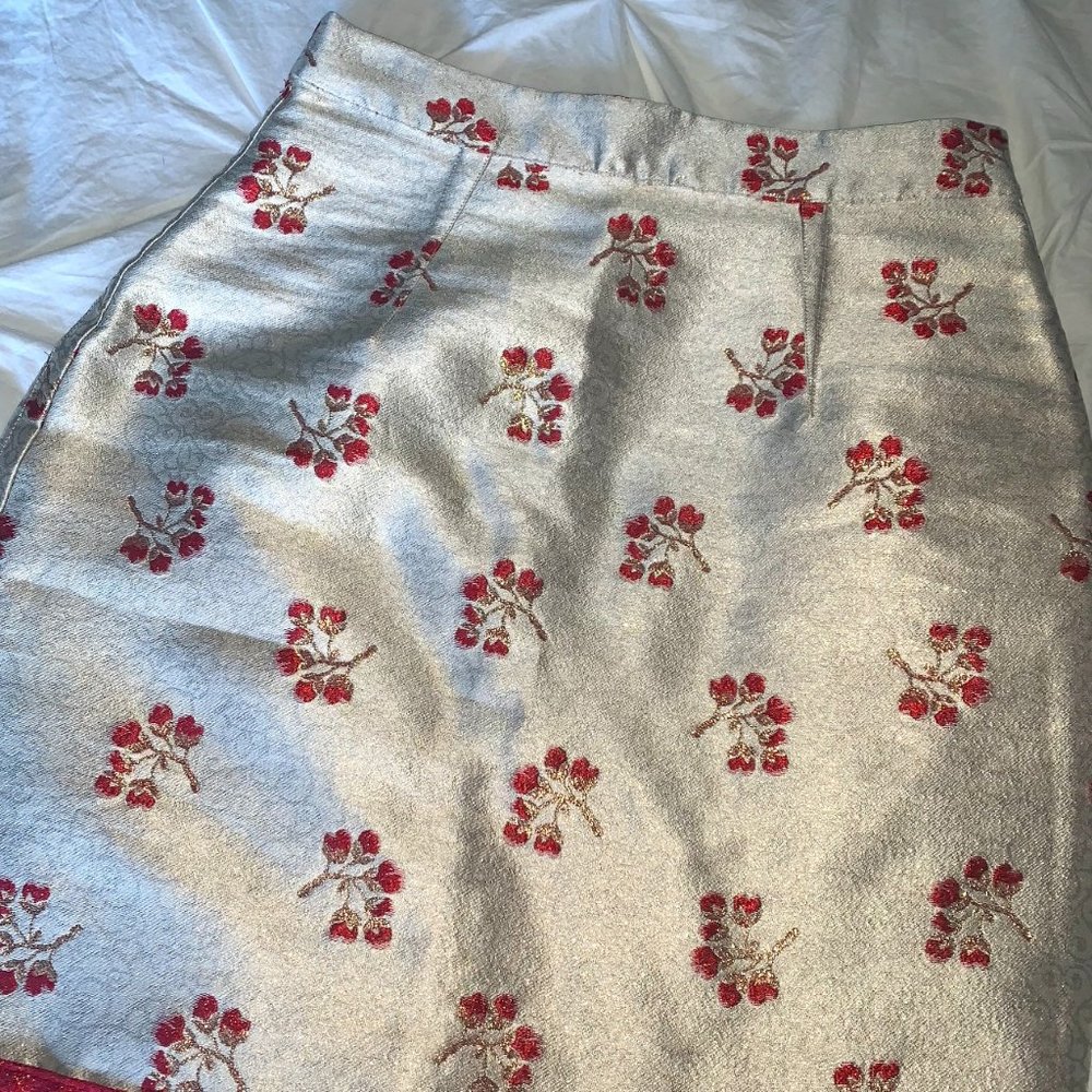 Shimmer Floral Pencil Skirt Reversible Gold/Red